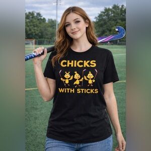 CHICKS WITH STICKS Field Hockey Black Graphic Tee Shirt Size M Sports NWT